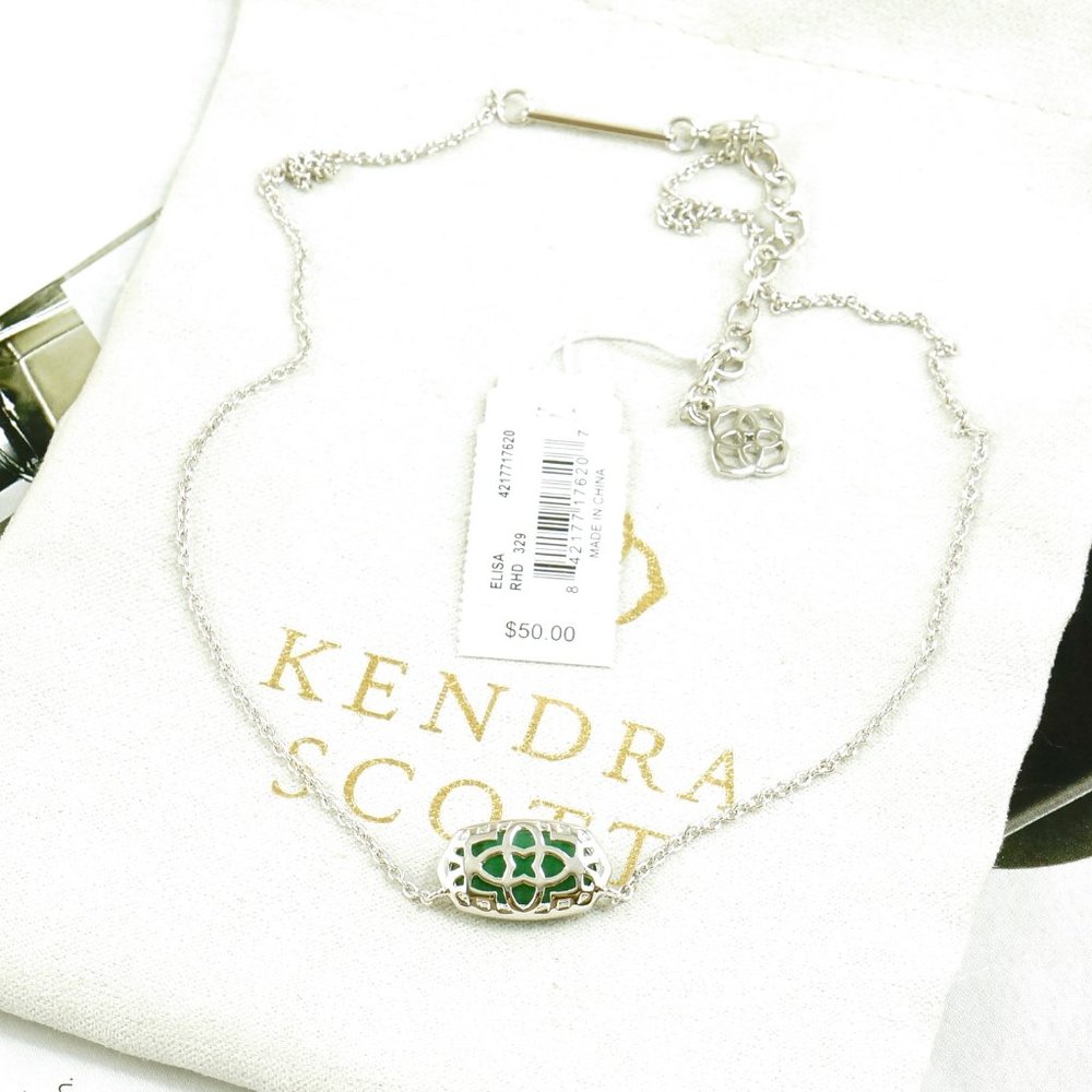 Kendra Scott Elisa Cat's eye Emerald Green necklace Silver Tone - Picture 4 of 5